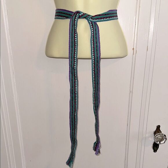 Vintage Boho Festival Striped Multicolor Woven Belt with Fringe Ends - Picture 1 of 4